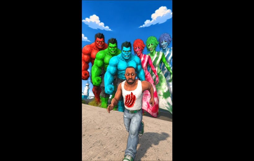 Man running away from six colorful monstrous figures with angry faces under blue sky