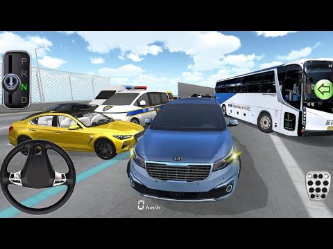 Blue SUV driving between parked yellow sports car, police car, and white tour bus