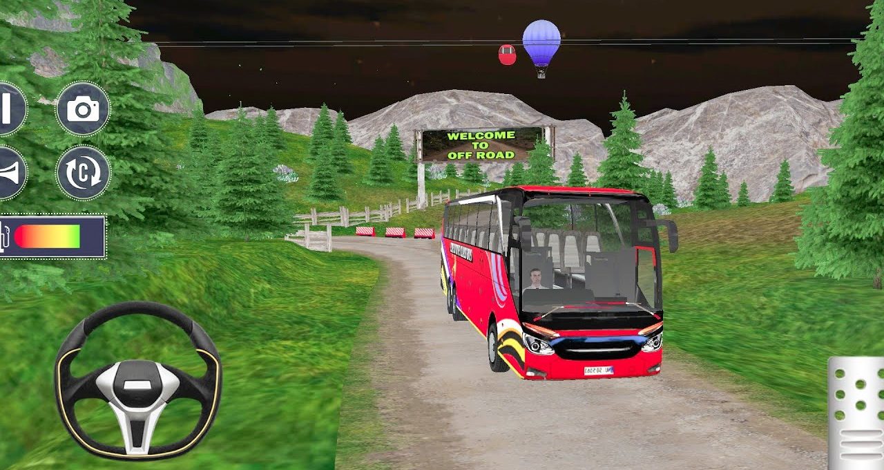 Red tour bus driving on a dirt mountain road under an "Welcome to Off Road" sign