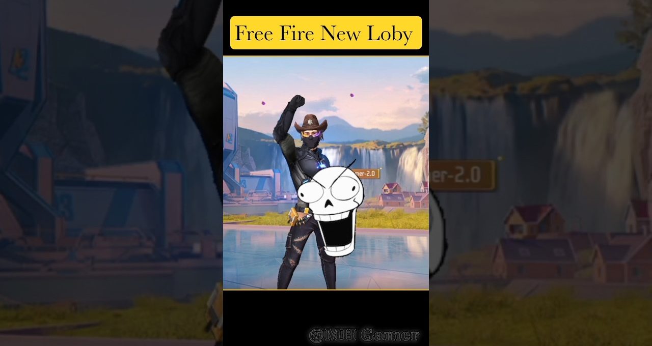 Masked cowboy character in Free Fire lobby with cartoon skull sticker overlay.