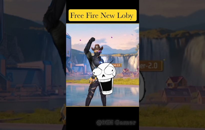 Masked cowboy character in Free Fire lobby with cartoon skull sticker overlay.
