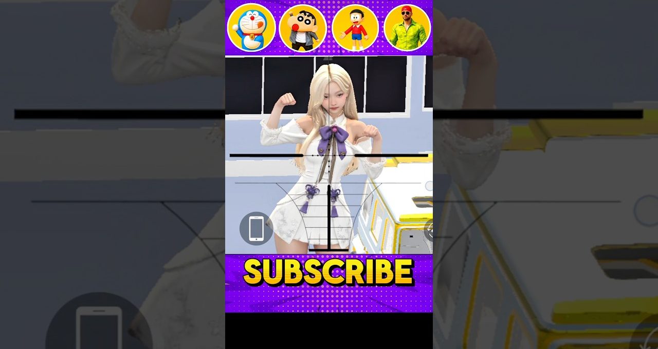 Young woman in white dress posing in game-like overlay with bold "SUBSCRIBE" banner