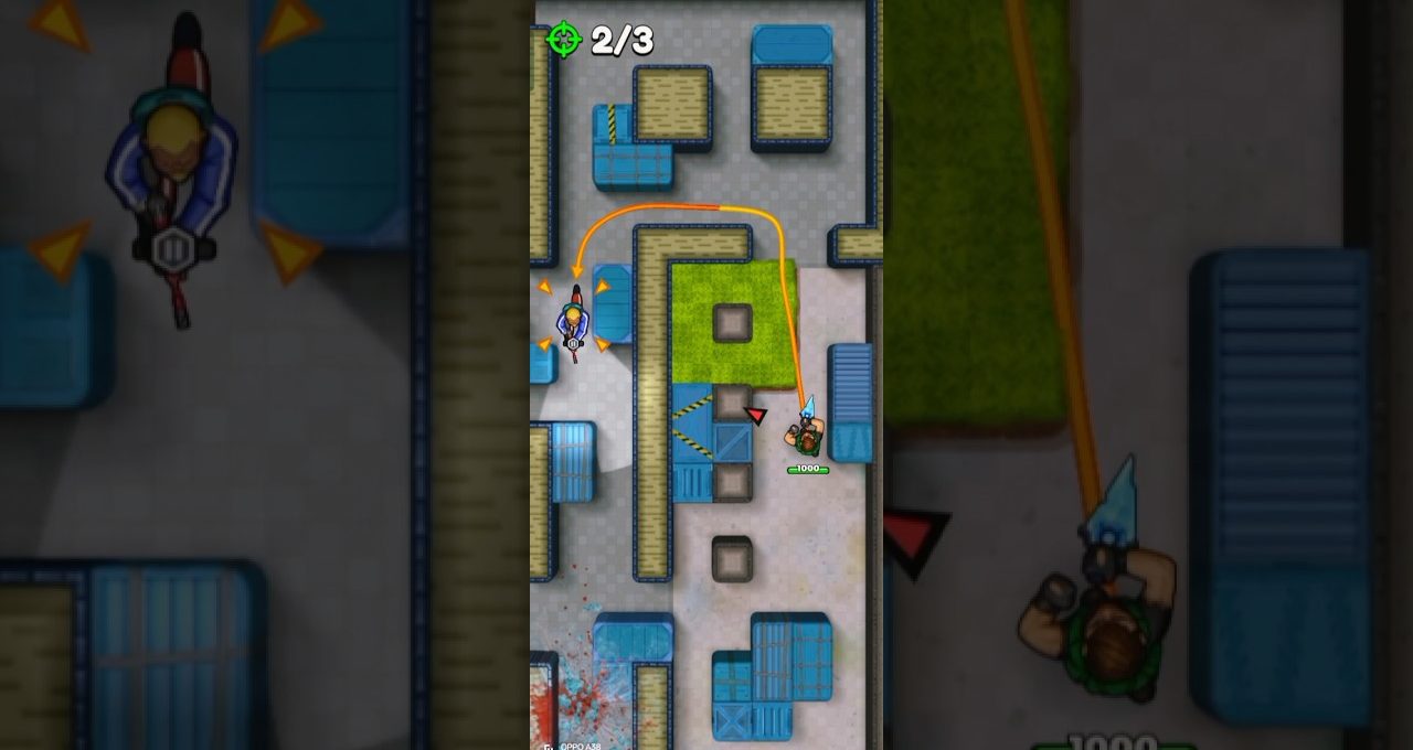 Top-down multiplayer shooter map with two characters, obstacles, and a curved bullet path