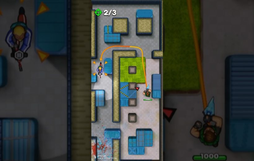 Top-down multiplayer shooter map with two characters, obstacles, and a curved bullet path