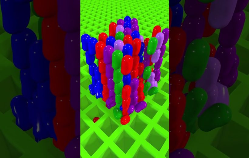 Colorful glossy capsule-like figures clustered on a bright green grid platform.