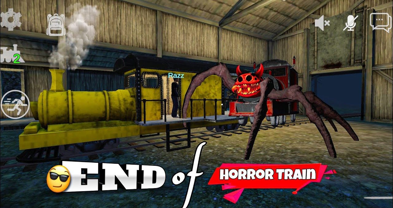 Yellow steam train in a barn with a red, multi-legged demonic creature nearby