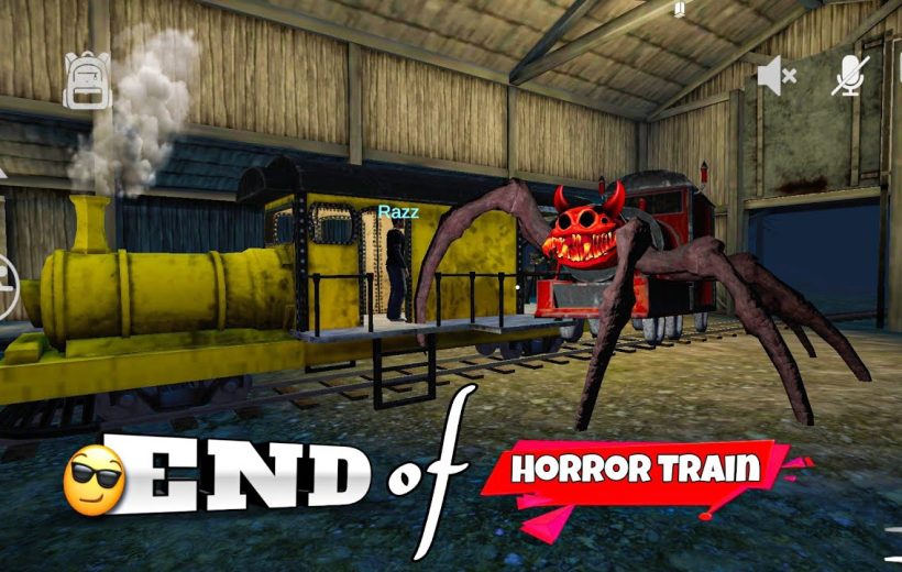 Yellow steam train in a barn with a red, multi-legged demonic creature nearby