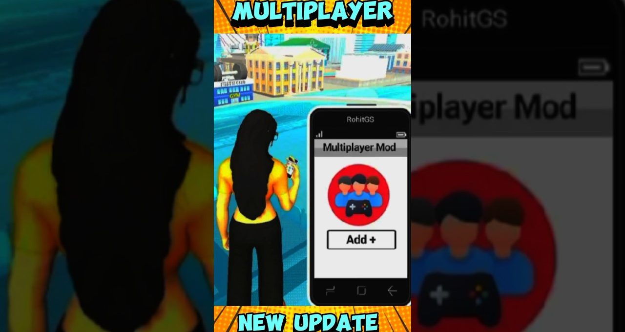 Male avatar holding phone in cityscape next to smartphone screen showing multiplayer mod.