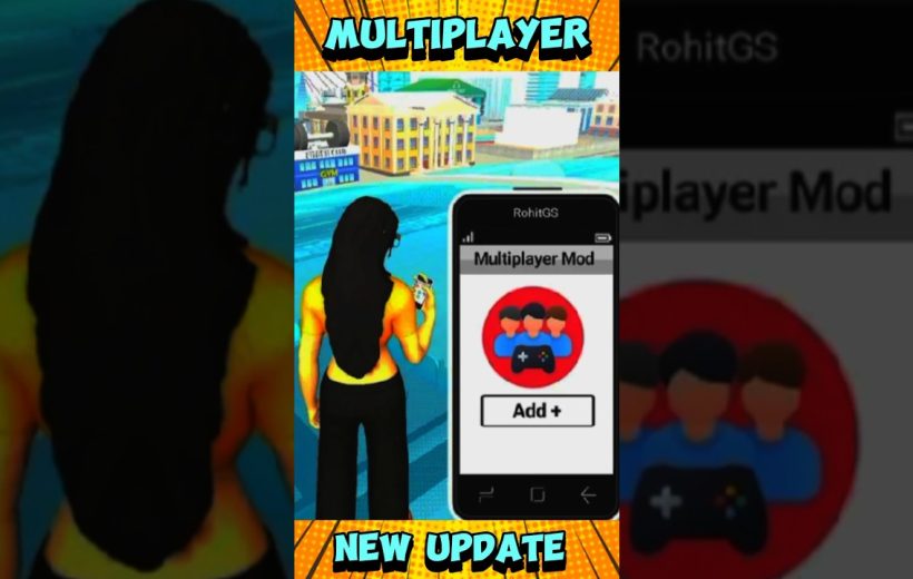 Male avatar holding phone in cityscape next to smartphone screen showing multiplayer mod.