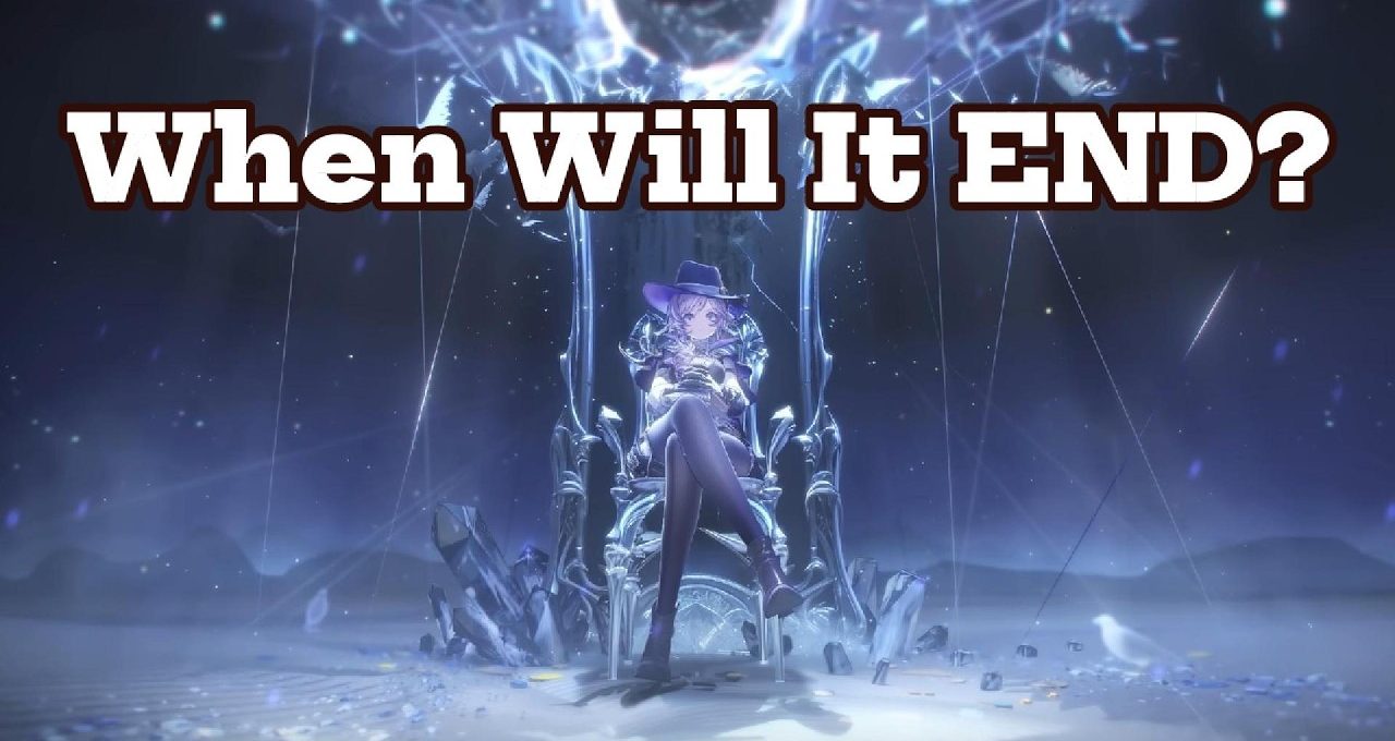 Woman in a witch hat sitting on an ornate crystalline throne under glowing sky