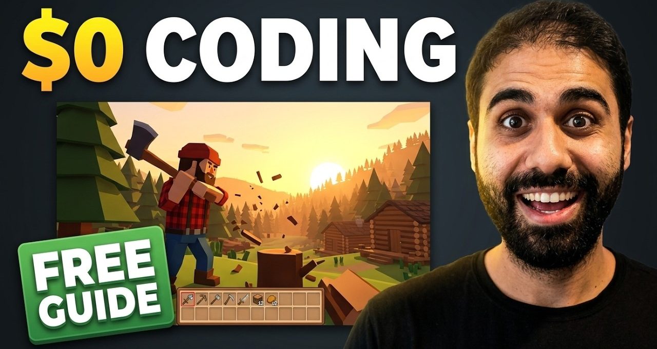 Smiling man beside stylized game scene of a lumberjack chopping wood with cabins at sunset
