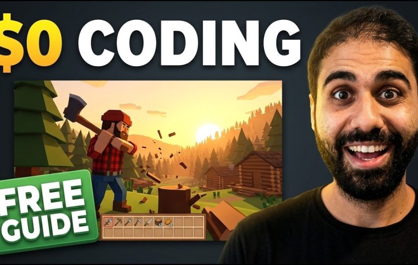 Smiling man beside stylized game scene of a lumberjack chopping wood with cabins at sunset