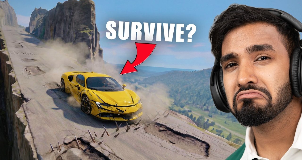 Yellow sports car skidding on cracked mountain road edge with worried man wearing headphones