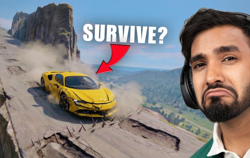 Yellow sports car skidding on cracked mountain road edge with worried man wearing headphones