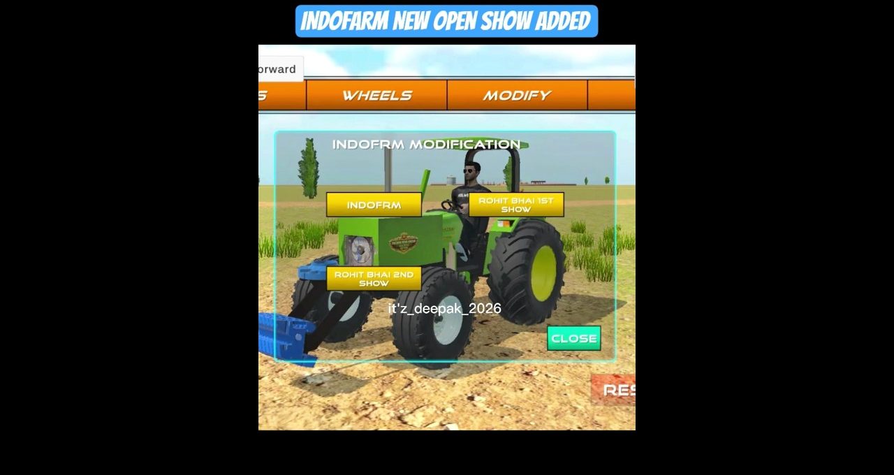 Green tractor with driver on a dirt field shown in a game modification menu