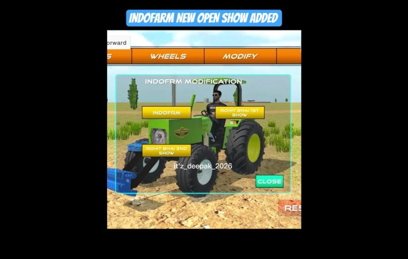 Green tractor with driver on a dirt field shown in a game modification menu