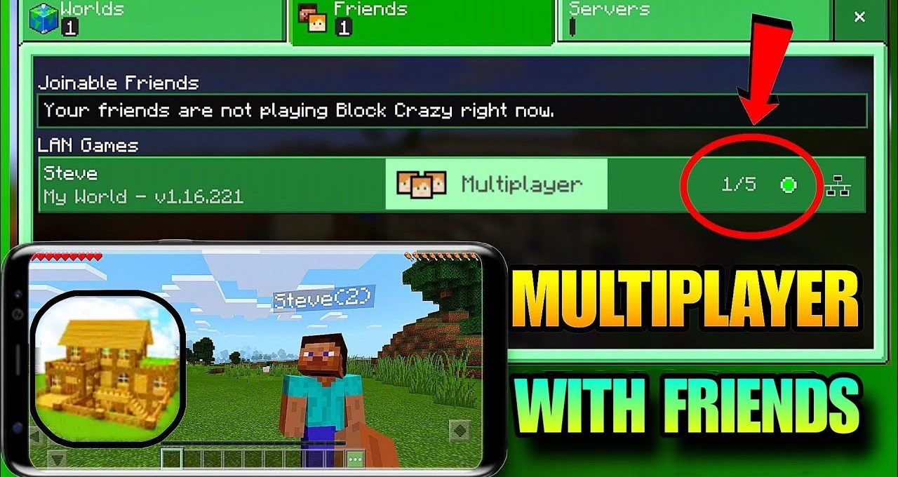 Minecraft Bedrock menu showing a multiplayer world with player count and phone gameplay preview