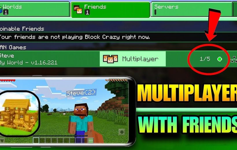 Minecraft Bedrock menu showing a multiplayer world with player count and phone gameplay preview