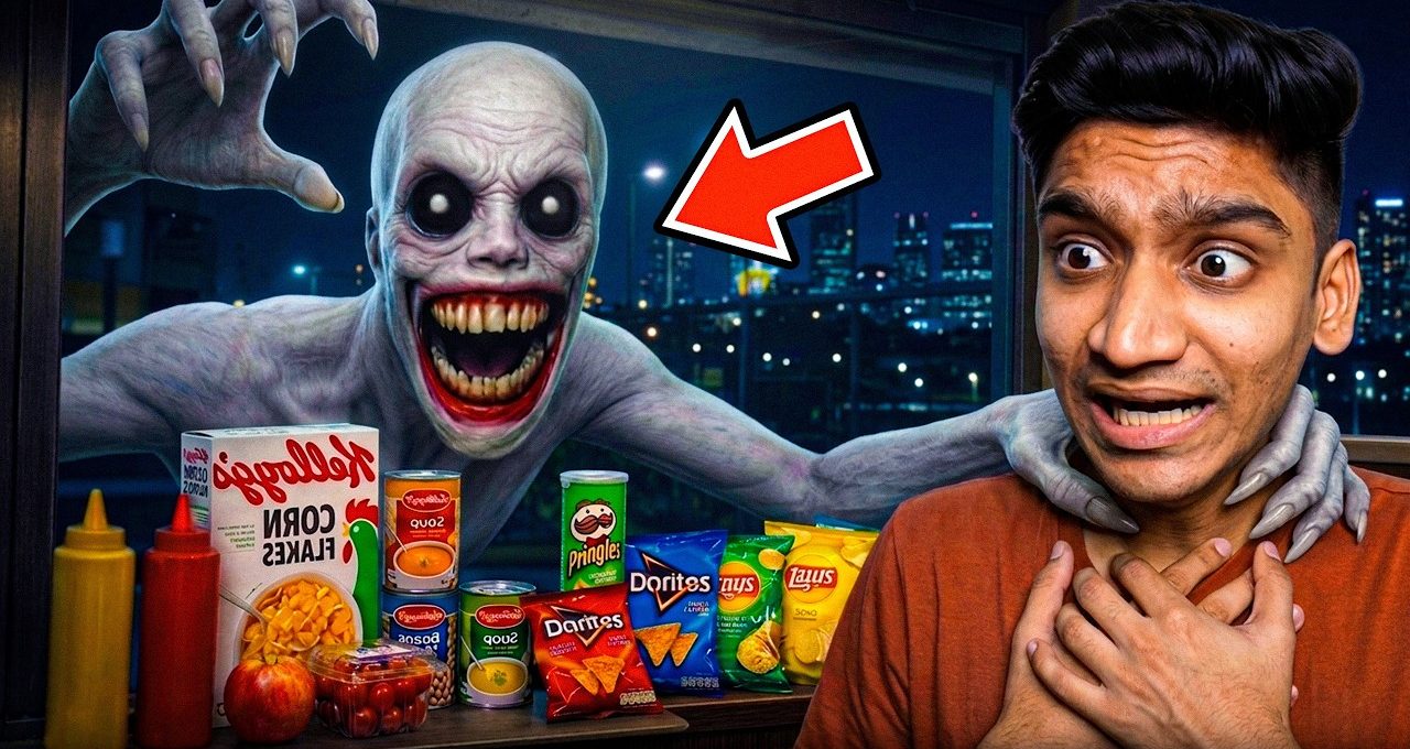 Terrified young man being grabbed by a monstrous pale creature outside a window at night