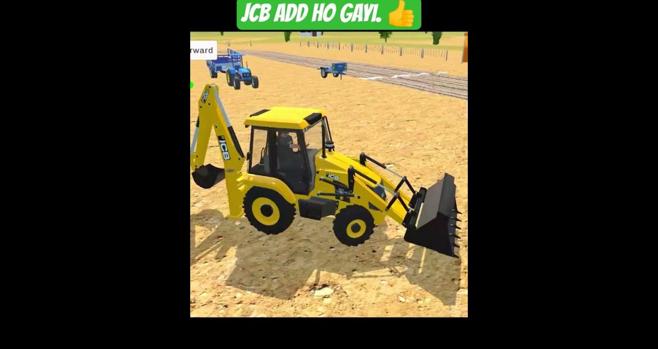 Yellow JCB backhoe loader parked on sandy construction site with tractors in background