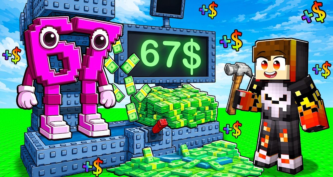 Minecraft-style character with hammer standing beside a pile of cash and a pink 67 figure