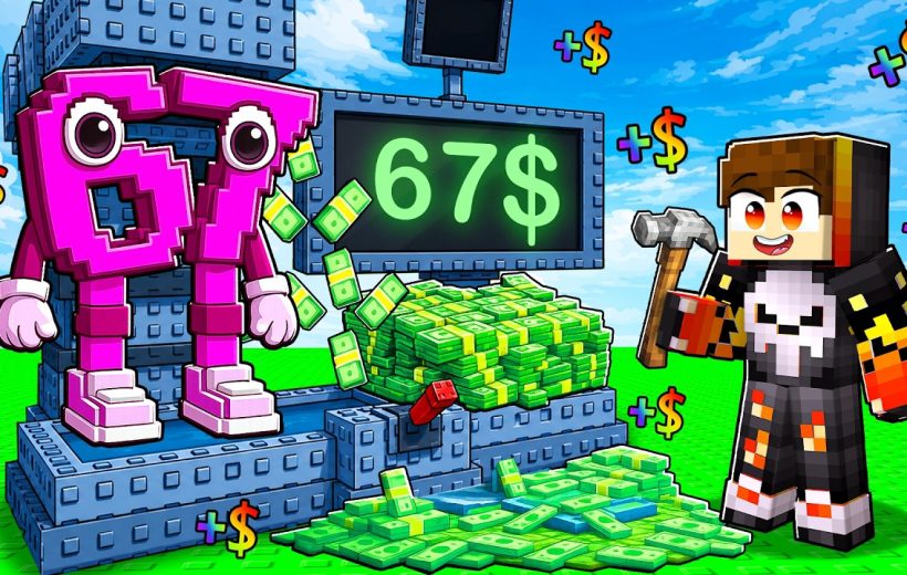 Minecraft-style character with hammer standing beside a pile of cash and a pink 67 figure