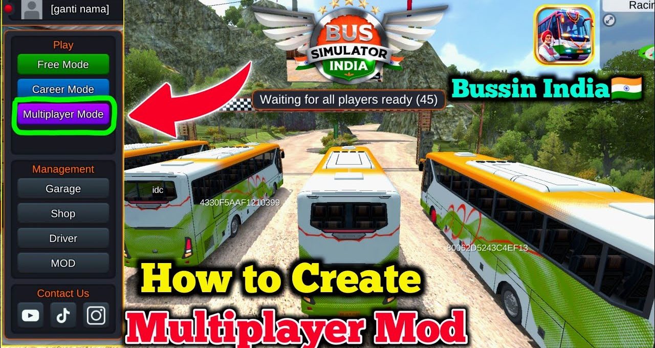 Three green-and-white buses lined up on a dirt road in multiplayer lobby