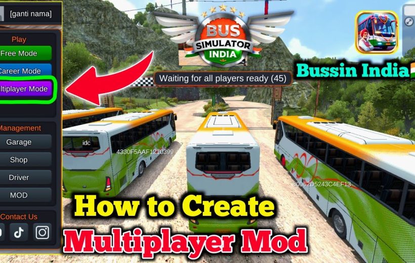 Three green-and-white buses lined up on a dirt road in multiplayer lobby