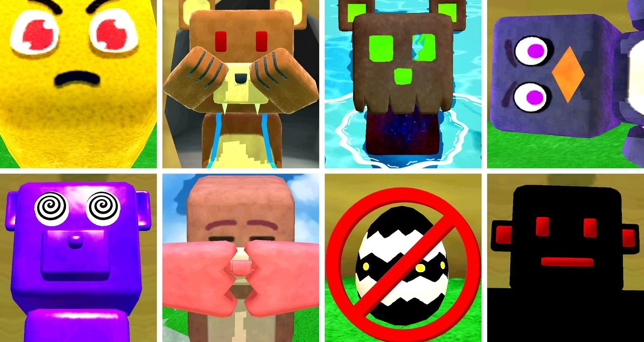 Grid of nine colorful cartoon cube character faces and an egg with prohibition sign