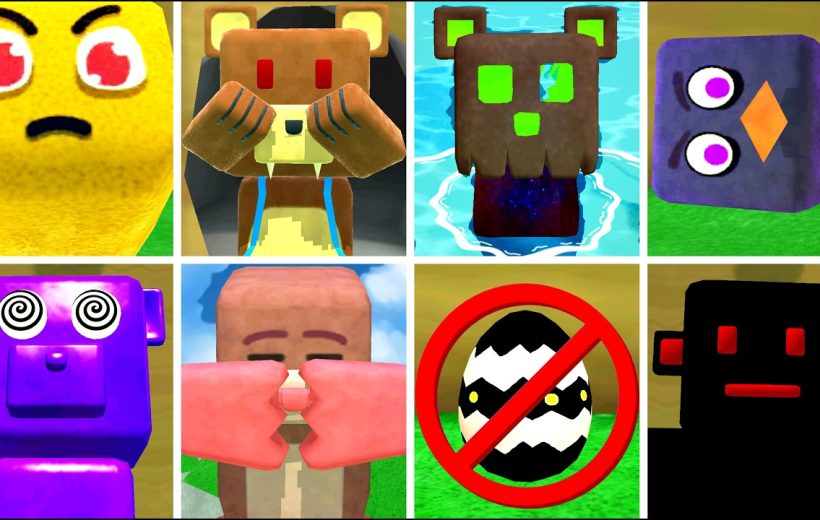 Grid of nine colorful cartoon cube character faces and an egg with prohibition sign