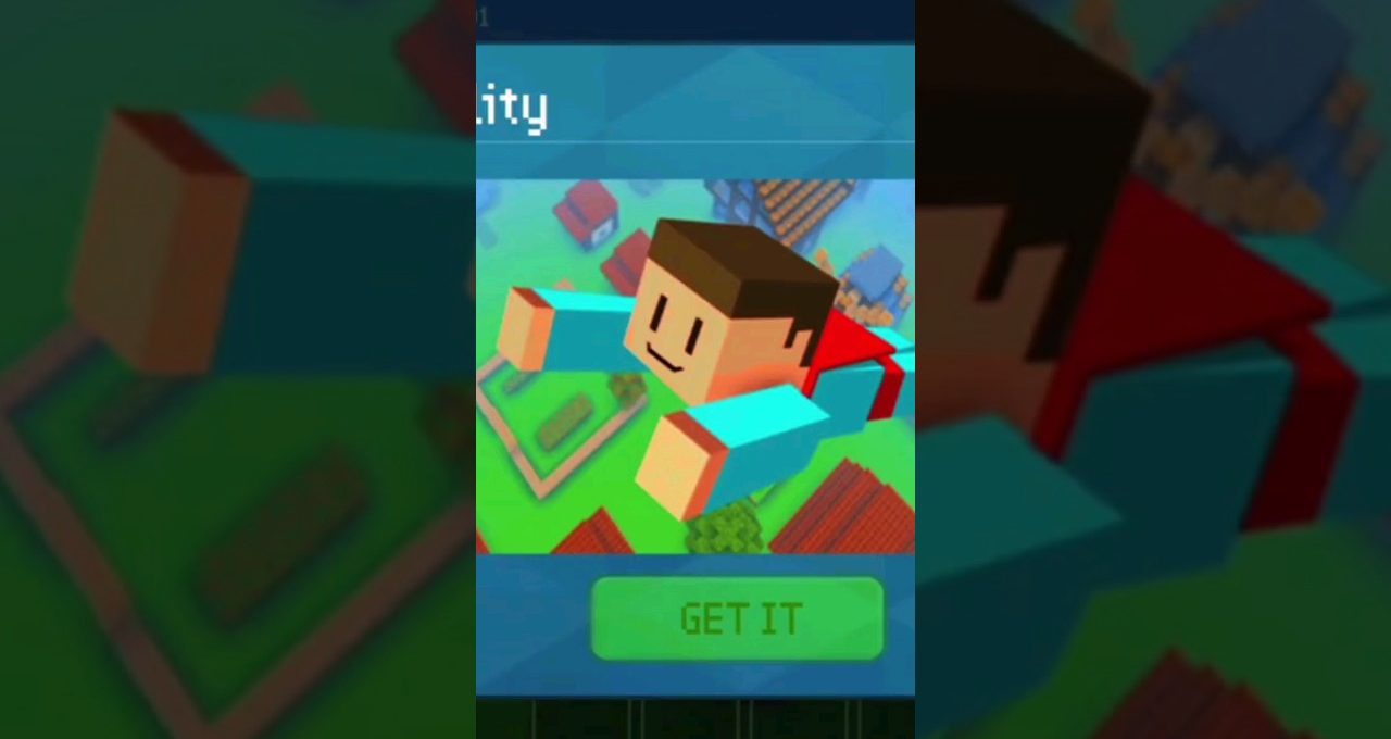 Blocky cartoon character skydiving over a pixelated town with a green "Get It" button