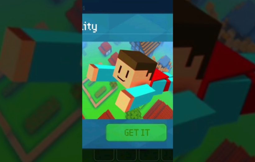 Blocky cartoon character skydiving over a pixelated town with a green "Get It" button