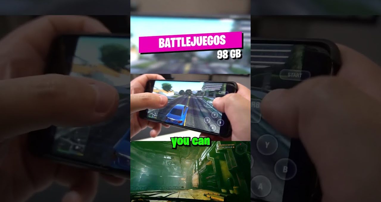 Hands holding smartphone playing a racing game with on-screen controls and overlay text.