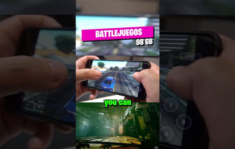 Hands holding smartphone playing a racing game with on-screen controls and overlay text.