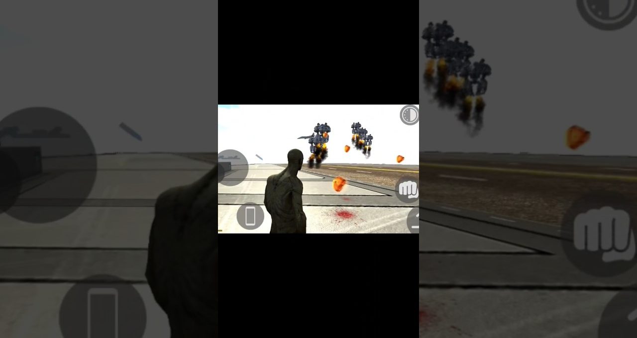 Third-person game view of a soldier facing flying robots firing fiery projectiles on runway