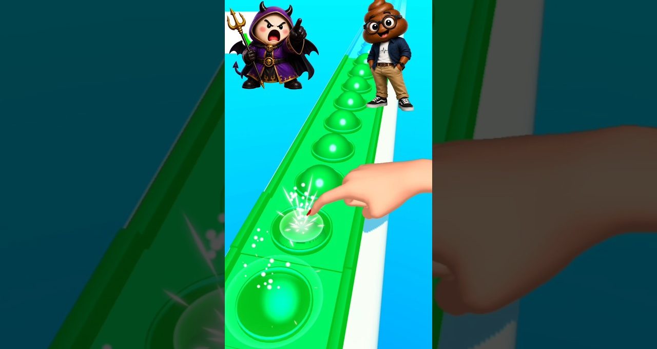Hand tapping green buttons on a game track with character icons above
