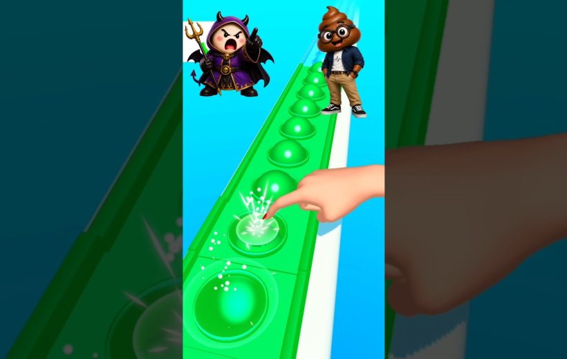 Hand tapping green buttons on a game track with character icons above