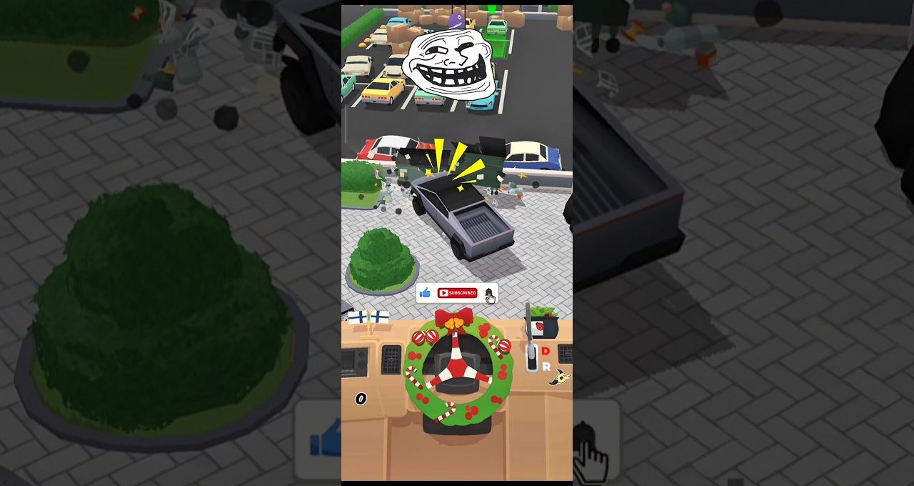 Cartoon pickup truck crashing into parked cars in a busy parking lot scene