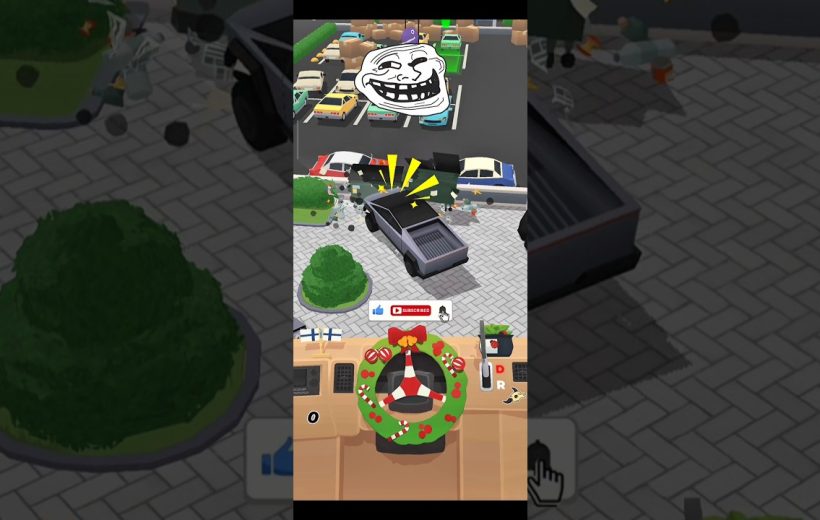 Cartoon pickup truck crashing into parked cars in a busy parking lot scene