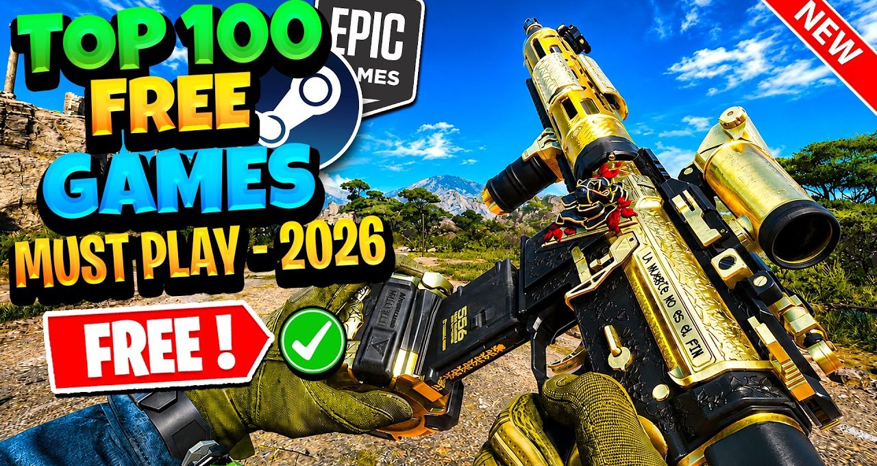 Colorful gaming thumbnail showing golden assault rifle and bold "Top 100 Free Games" text