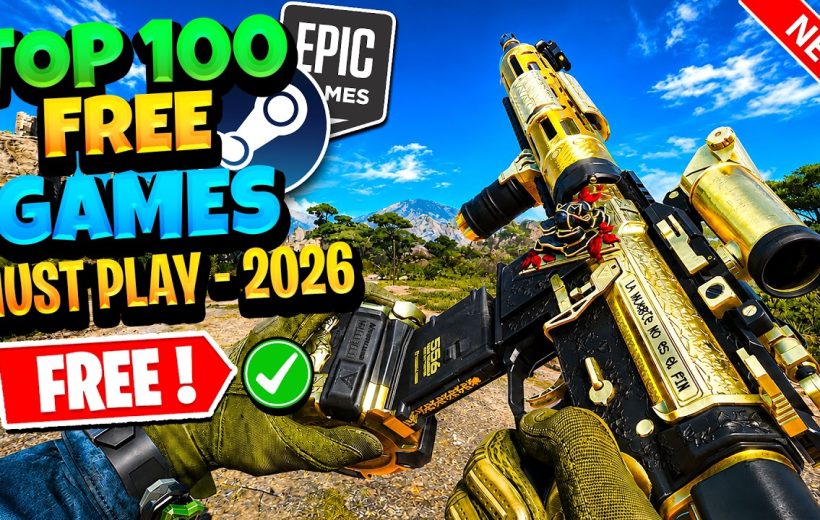 Colorful gaming thumbnail showing golden assault rifle and bold "Top 100 Free Games" text