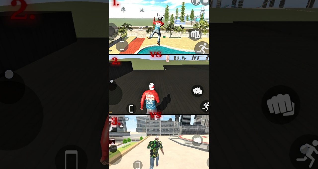 Three-player split-screen multiplayer game showing characters running and jumping in city arenas