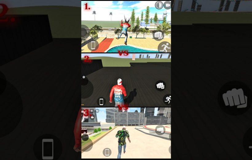 Three-player split-screen multiplayer game showing characters running and jumping in city arenas