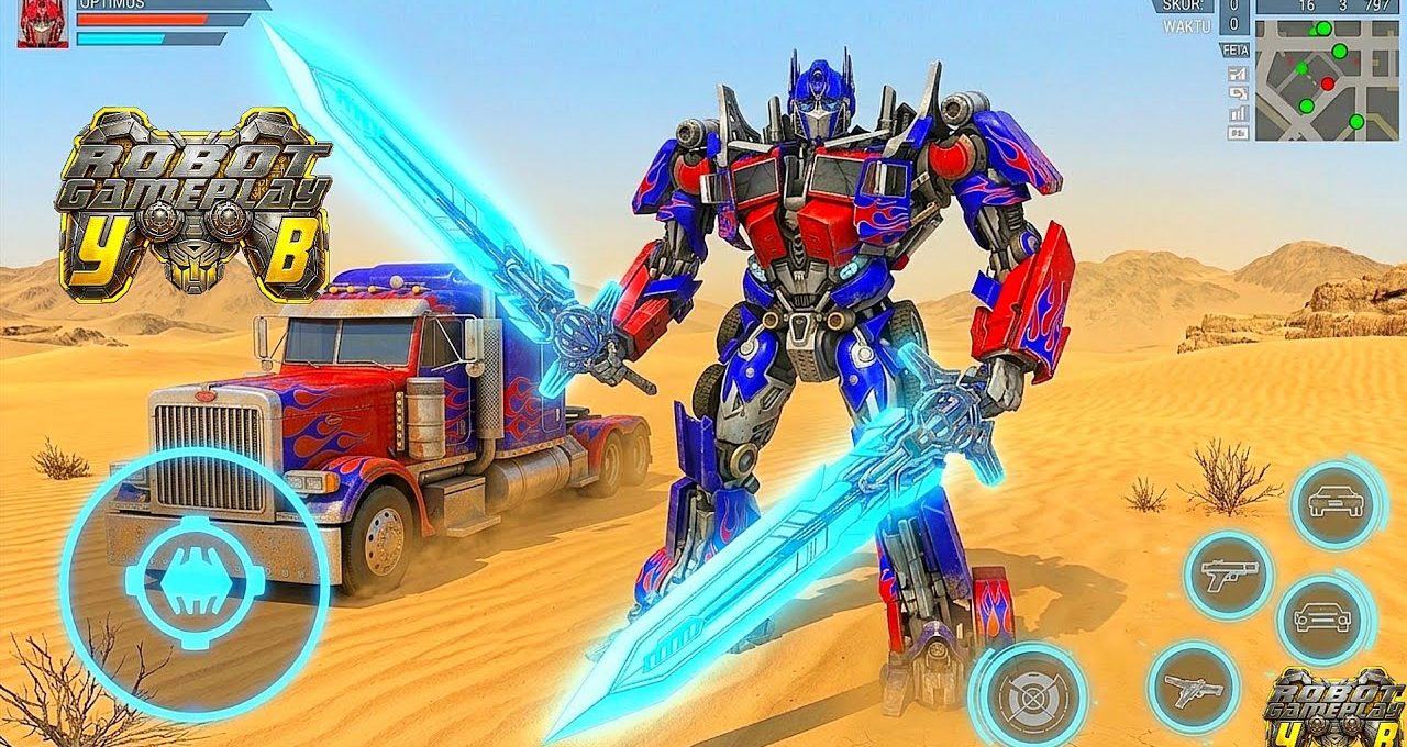 Blue and red robot warrior with glowing swords standing beside a flame-painted truck.