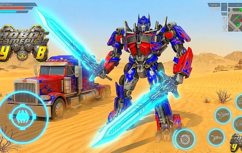 Blue and red robot warrior with glowing swords standing beside a flame-painted truck.