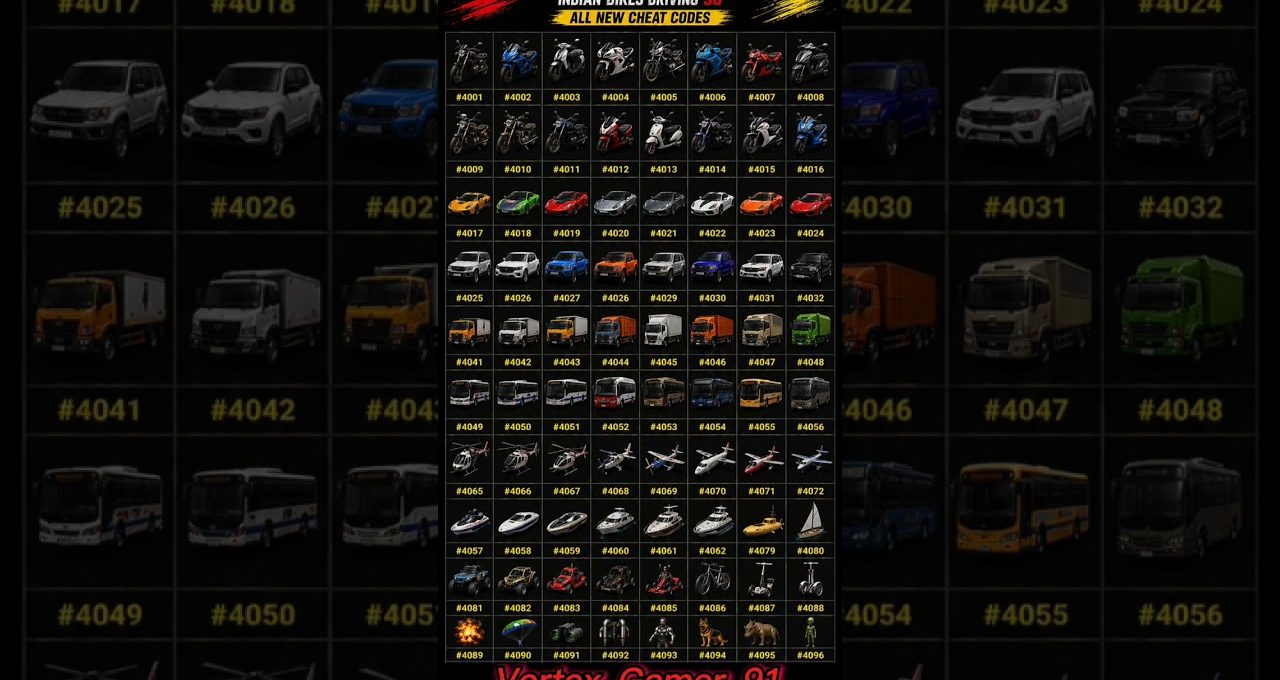 Grid of numbered vehicle and vehicle-type icons for a game cheat code list.