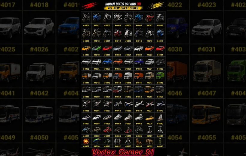 Grid of numbered vehicle and vehicle-type icons for a game cheat code list.