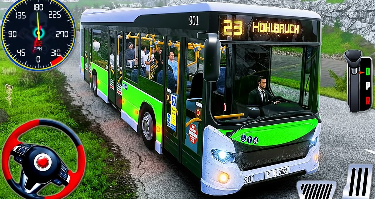 Green city bus with passengers driving along a rural road toward Kohlbruch destination