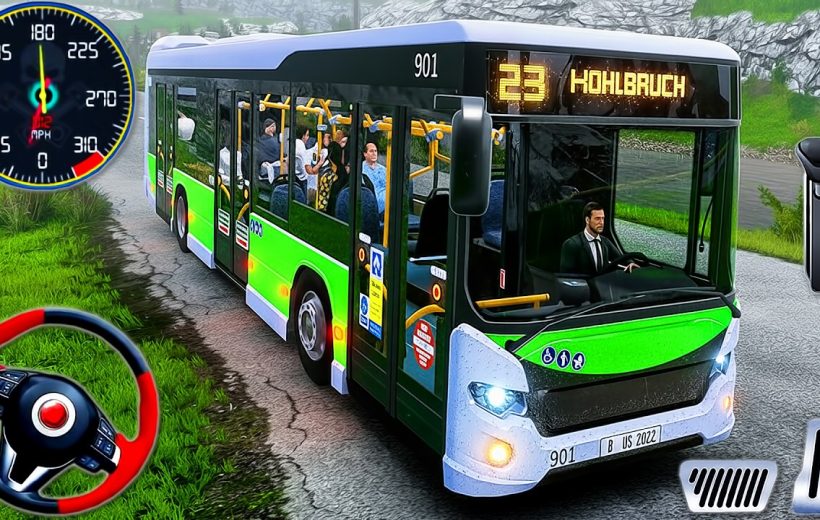 Green city bus with passengers driving along a rural road toward Kohlbruch destination
