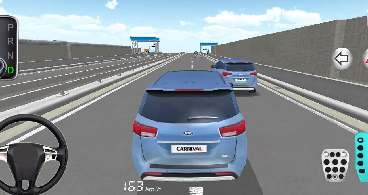 Blue Kia Carnival driving on highway with another SUV and steering wheel controls